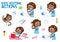 Lovely little black girl and her daily routine actions - white background