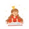 Lovely little girl in a crown and a red dress reading a book, kids imagination and fantasy, colorful character vector