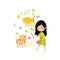 Lovely little girl painting animals with color paints and brush on the wall, young artist, kids activity routine vector