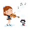 Lovely little girl playing violin and little black cat enjoying the melody