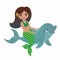 Lovely mermaid and dolphin playing in the water. Vector illustration.