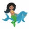 Lovely mermaid raiding on dolphin and having fun. Vector illustration.