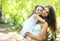 Lovely mom and daughter in warm sunny summer day