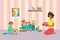 Lovely mother playing with little kid son, mom together children funny time spent, room big toy box flat vector