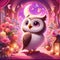 A lovely and mysterious owl in a magical school, with flowers and pink background, opened mouth, smile, the moon, fantasy art
