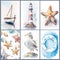 Lovely Nautical Cards Background Sheet Watercolors Boat, Lighthouse, AI Generated