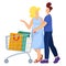 Lovely pair husband male and female wife walk supermarket trolley, mall shopping pregnant woman flat vector illustration