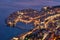 Lovely panoramic view of the old walled city of Dubrovnik with bird`s eye view at night.