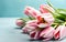 Lovely pastel pink tulips bunch. bouquet of tulips for banners