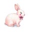 Lovely pink animation hare with a bow is isolated on a white background. Children`s fantastic drawing. Handwork color drawing