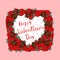 Lovely pink card with strawberry, hearts and lettering for Valentine`s Day.