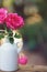 Lovely pinky blossom rose in vase on wooden table with white wall background, sweet gift concept