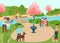 Lovely place for people, group human walk dog, cozy river character stroll outdoor garden flat vector illustration