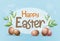 Lovely postcard template with decorated eggs and green twigs. Blue background, paschal greeting card. Happy easter big text.