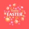 Lovely postcard template with decorated eggs on red background. Happy easter big text. Realictic vector illustration for