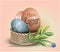 Lovely postcard template with wicker basket with decorated eggs and green twig and blue flower. Orange warm background. Happy