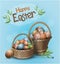 Lovely postcard template with wicker baskets with decorated eggs and green twig. Blue background. Happy easter text. Realictic