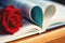 Lovely red color rose on book roll into heart shape, soft color tone, sweet valentine presentation concept