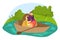 Lovely romantic couple, natural outdoor relaxing fishing, male together female sitting cozy boat flat vector