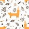 Lovely seamless pattern with cute foxes and autumn leaves. Awesome forest background in bright colors in vector