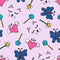 Lovely seamless pattern with a hand-drawn muzzle of a cat and hearts