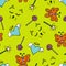 Lovely seamless pattern with a hand-drawn muzzle of a cat, hearts