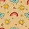 Lovely seamless pattern with the hand-drawn sun, clouds, rainbow