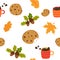 Lovely seamless pattern with mug of coffee cookies