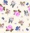 Lovely seamless pattern with winged tabby kittens, little flying birds and huge pink roses on light beige background