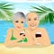 Lovely senior couple drinking red wine lying on the beach