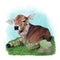 Lovely sitting calf on a meadow with a garland of daisies around his neck. Painting