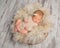 Lovely sleeping newborn baby in knitted jumpsuit in basket