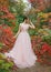 Lovely slender princess with dark hair and neat hair dressed in a long pink peach gorgeous dress standing in the forest