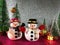 Lovely Snowman pink gliter background near ornament lighting bulb at silent night, holy night, Merry Christmas and hap