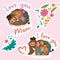 Lovely stickers set. Baby mammoth following her mom with floral inside. Sweet vector illustration