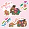 Lovely stickers set. Baby mammoth following her mom with floral inside. Sweet vector illustration