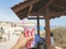 Lovely strawberry Milkshake in the hand on the beach at Cyprus, Ayia Napa, Blue lagoon. Soft colours, Summer time