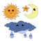 The lovely sun, moon, asterisk and thundercloud are smiling happily. A set of celestial objects.