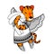 Lovely tiger with wings in beautiful clothes with a plush rabbit in the paws.