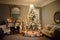 lovely traditional christmas tree surrounded by ornaments and lights, in white hokey room