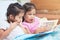 Lovely twin sister two child girls having fun to read a cartoon