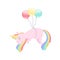 Lovely unicorn flying with colorful balloons, cute fantasy animal character with rainbow hair vector Illustration on a