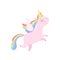 Lovely unicorn flying with wings, cute fantasy animal character with rainbow hair vector Illustration on a white