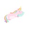 Lovely unicorn sleeping on a pillow, cute fantasy animal character with rainbow hair vector Illustration on a white