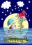 Lovely vector card with cute cartoon fish in love and cunning pike with hat, sunglasses and fishing rod against the full moon.