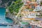 Lovely View from the Cliffside Village Positano, province of Salerno, the region of Campania, Amalfi Coast, Costiera Amalfitana, I