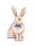Lovely watercolor rabbit with a blue bow is on a white background. Children\'s fantastic drawing. Handwork