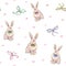 Lovely watercolor rabbit with bow on a white background. Watercolor drawing. Handwork. Seamless pattern