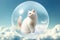 A lovely white chubby cat wrapped in a bubble flying