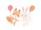 Lovely White Little Bunny and Fox Cub with Balloons, Cute Best Friends, Adorable Rabbit and Pup Cartoon Characters